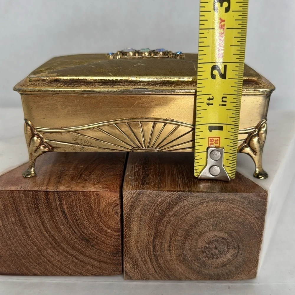 Estate Brass Jewelry Velvet Lined Casket with Gem Accents